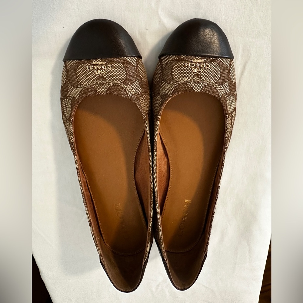 Coach Brown Signature Canvas and Dark Brown Toe Cap Flats - Picture 2 of 8